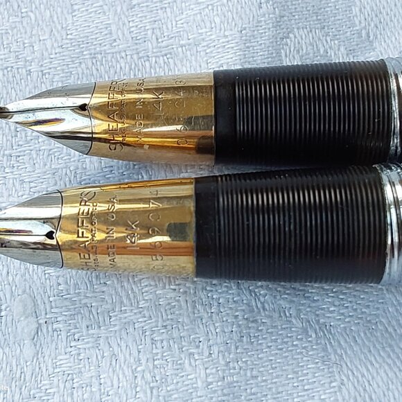 Vtg Schaeffer green marble desk set 2 fountain pens 14K gold nibs midcentury - Picture 7 of 11